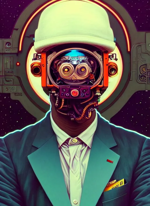 Image similar to high quality high detail portrait of a diesel punk in a suit in an alien world,, tristan eaton, victo ngai, artgerm, rhads, ross draws, hyperrealism, intricate detailed, alphonse mucha, 8 k, sci - fi, pastel colors, artstation,