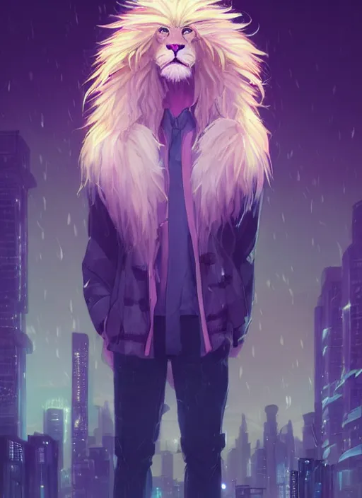 Image similar to beautiful portrait commission of a albino male furry anthro lion wearing a tiger striped jacket. vaporwave city at night in the rain. Neon light. Atmospheric. Character design by charlie bowater, ross tran, artgerm, and makoto shinkai, detailed, inked, western comic book art