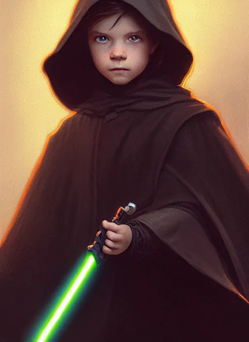 Image similar to perfectly - centered - portrait of a kid wearing black cloak holding light saber, intricate, highly detailed, digital painting, artstation, concept art, smooth, sharp focus, illustration, unreal engine 5, 8 k, art by artgerm and greg rutkowski and alphonse mucha