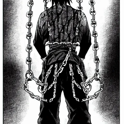 Image similar to A FULL BODY PORTRAIT FROM BEHIND OF TAKEZO FROM MANGA VAGABOND ,THE MAN KEEPS A KUSARIGAMA AND IT IS WRAPPED IN CHAINS ,detailed, concept art, ink style , sketch