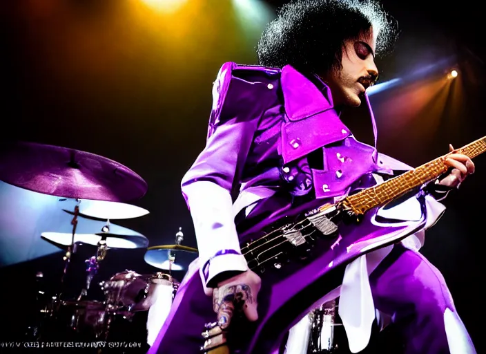 Image similar to photo still of prince from purple rain on stage at vans warped tour!!!!!!!! at age 3 3 years old 3 3 years of age!!!!!!!! shredding on guitar, 8 k, 8 5 mm f 1. 8, studio lighting, rim light, right side key light