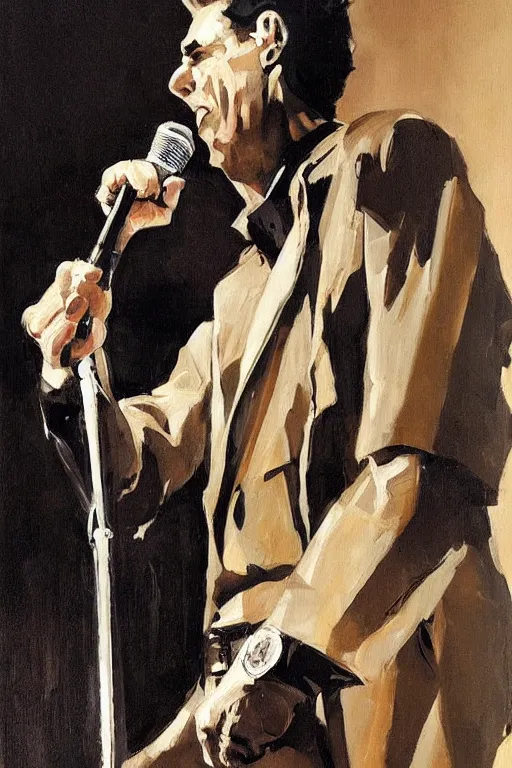 Image similar to kramer holding a microphone on stage, painting by jc leyendecker!! phil hale!, angular, brush strokes, painterly, vintage, crisp