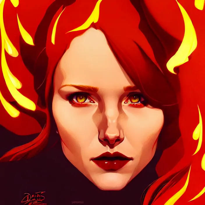 Image similar to style artgerm, joshua middleton, dean cornwell, beautiful kristen bell with dark red dress, very long orange hair, symmetrical face, symmetrical eyes, fire powers fire swirling, detailed, volcano setting, cinematic lighting