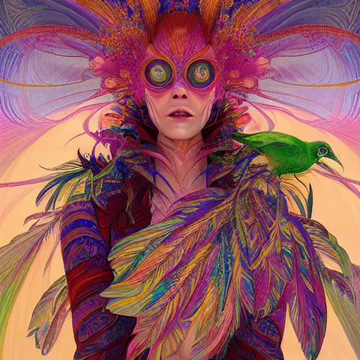 Image similar to A reality bending psychedelic ayahuasca experience, colorful, distorted, surreal, tropical bird feathers, dramatic lighting on the face, intricate, elegant, highly detailed, digital painting, concept art, smooth, sharp focus, illustration, art by Krenz Cushart and Wayne Barlowe and alphonse mucha