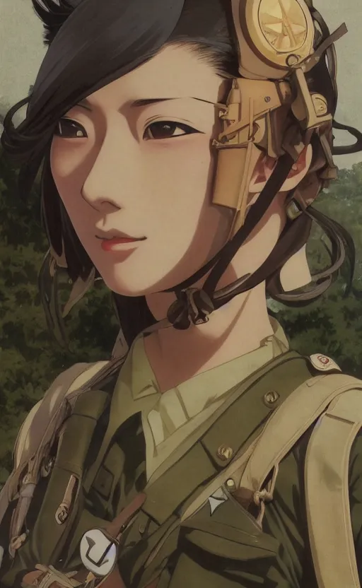 Image similar to japanese pilot girl fighting ww2, anime style, long hair, hair down, symmetrical facial features, ww2 era, hyper realistic, pale skin, 4k, rule of thirds, extreme detail, detailed drawing, trending artstation, hd, konpeki no kantai, D&D, realistic lighting, by Alphonse Mucha, Greg Rutkowski, sharp focus, backlit, soldier clothing