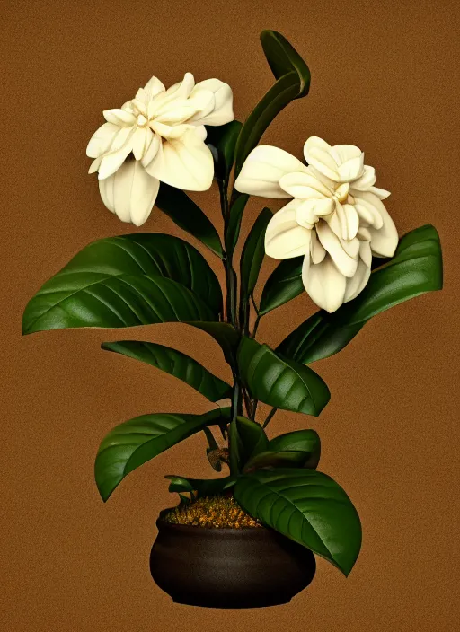 Image similar to an isolated gardenia plant, full view, centered, 3 d render, art nouveau dark outlines, ultra realistic, masked transparent flat background, popular on sketchfab, pixelsquid, 8 k, volumetric lighting, super focused, no blur, trending on artstation, octane render, ultra detailed, hyperrealistic, by artgerm and greg rutkowski and alphonse mucha