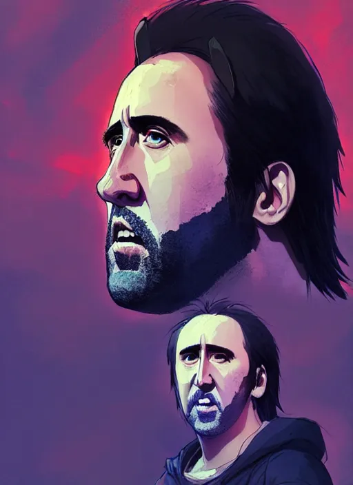 Prompt: portrait of nicolas cage from mandy, red sky background woodland landscape illustration concept art anime key visual trending pixiv fanbox by wlop and greg rutkowski and makoto shinkai and studio ghibli and kyoto animation