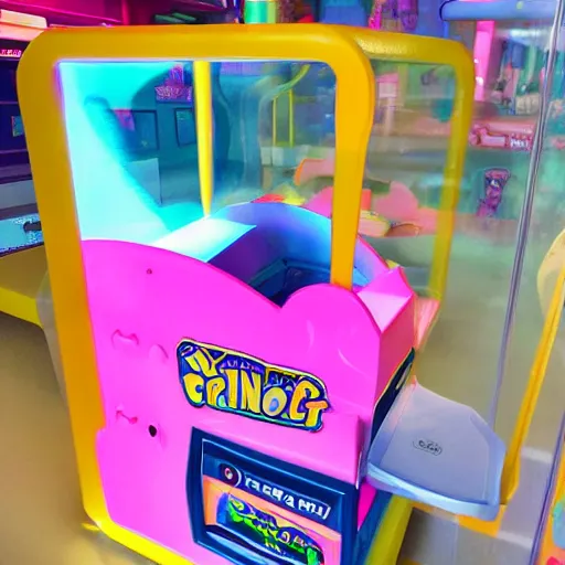 Image similar to “winning a crane game machine Pink blue yellow white pastels”