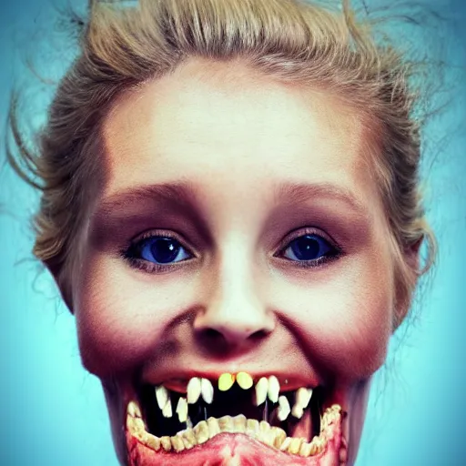 Image similar to body horror. a gorgeous woman with terrifying rotten teeth