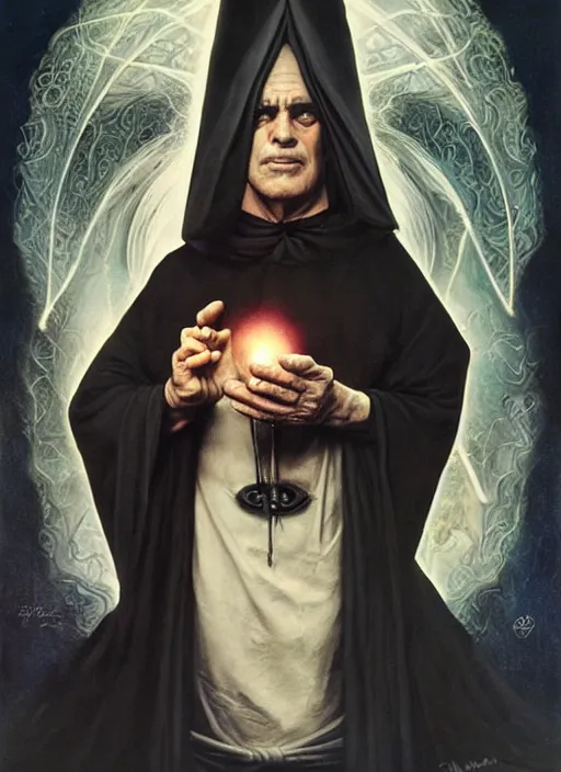 Prompt: marlon brando as aleister crowley the grand mage of thelema. art by tom bagshaw and greg danton and manuel sanjulian