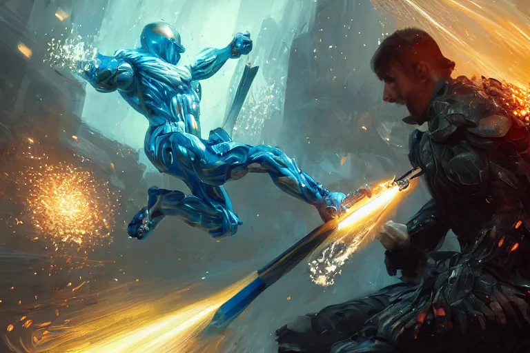 Prompt: a blonde man in a blue suit swinging a sword at a man in a crysis suit, d & d, heartstone, digital painting, volumetric light, intricate, sharp, focus, bloom, illustration, highly detailed, concept art, matte, ruan jia, randy vargas, greg rutkowski