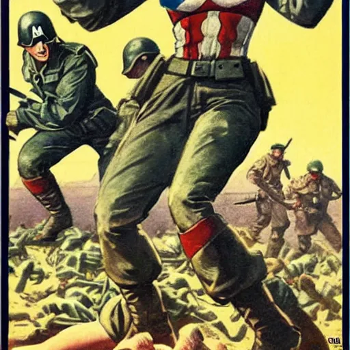 Image similar to female captain america standing on a pile of defeated german soldiers. wwii american propaganda poster by james gurney