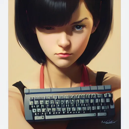 Image similar to hacker girl holding a keyboard, realistic shaded lighting poster by ilya kuvshinov katsuhiro otomo, magali villeneuve, artgerm, jeremy lipkin and michael garmash and rob rey