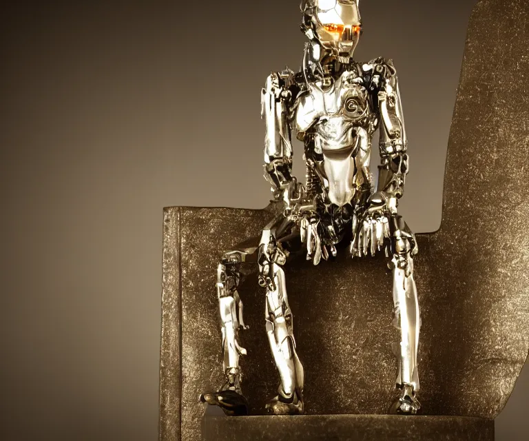 Image similar to semi - transparent glowing cyborg sitting on a metal throne, fantasy sci - fi, majestic lighting, metallic, 2 0 0 mm focus, bokeh