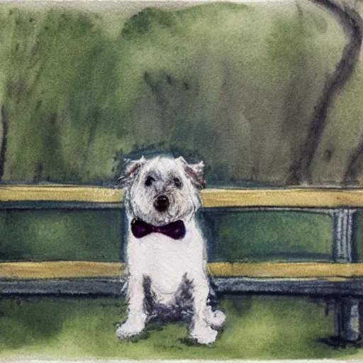 Image similar to a carin terrier wearing a suit, sitting on a park bench in central park, watercolor