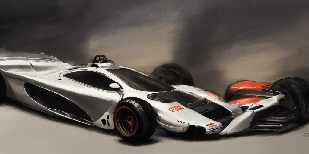 Image similar to a cinematic painting of a 2 0 0 4 mclaren f 1 race car by greg rutkowski, rim light, highly detailed, beautiful