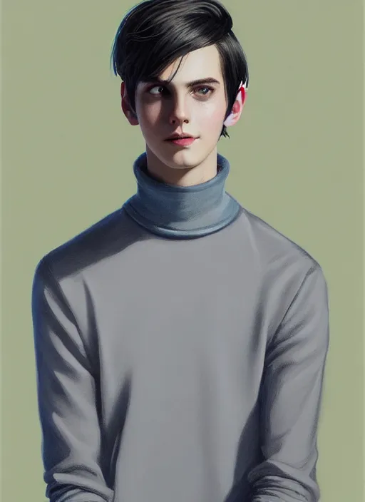 Image similar to portrait of teenage jughead jones wearing a light grey crown, crown, blue turtleneck, closed eyes, photorealistic, black hair, glowing lighting, intricate, elegant, glowing lights, highly detailed, digital painting, artstation, concept art, smooth, sharp focus, illustration, art by wlop, mars ravelo and greg rutkowski