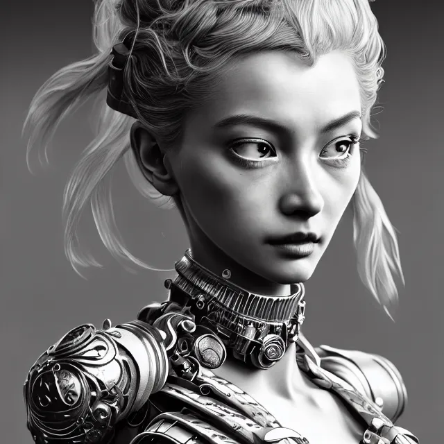 Prompt: studio portrait of optimist female divine mech blahsen as absurdly beautiful, elegant, young sensual gravure idol, ultrafine hyperrealistic detailed face illustration by kim jung gi, irakli nadar, intricate linework, sharp focus, bright colors, matte, octopath traveler, final fantasy, unreal engine highly rendered, global illumination, radiant light, intricate environment