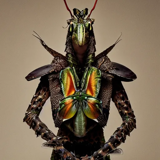 Prompt: a portrait of a beautiful young male wearing an alexander mcqueen armor made of a mantis , photographed by andrew thomas huang, artistic