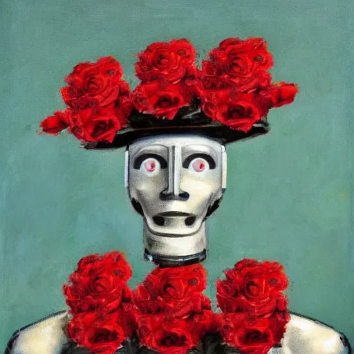 Image similar to a portrait of a robot wearing a hat full of roses, by Otto Eerelman