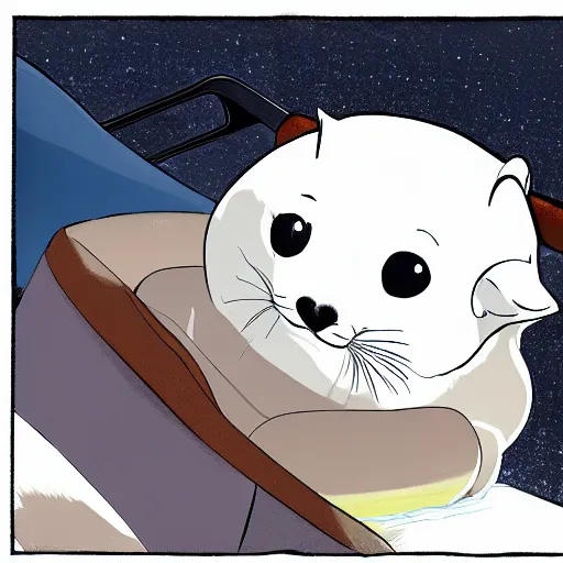 Image similar to portrait of a smug baby harp seal riding in the back of a limo, medium shot, highly coherent, saga comic, fiona staples