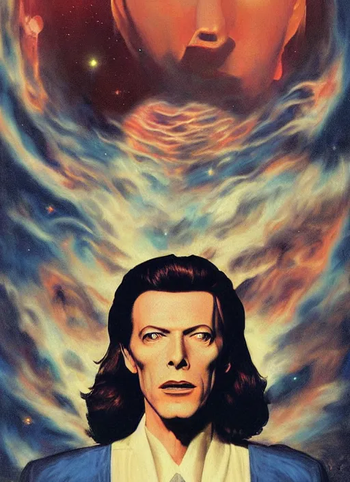 Image similar to twin peaks poster art, david bowie floating through the cosmo outer space, old retro pulp, by michael whelan, rossetti bouguereau, artgerm, nostalgic, old fashioned