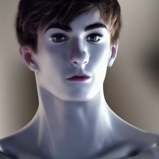 Image similar to “a realistic detailed photo of a guy who is an attractive humanoid who is half robot and half humanoid, who is a male android, twitch streamer Ninja Tyler Blevins, shiny skin, posing like a statue, blank stare”