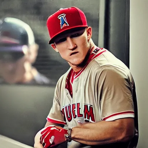 Prompt: “a realistic detailed photo of a guy who is named Mike Trout a baseball player , hypnotized by Tom Holland using a watch”