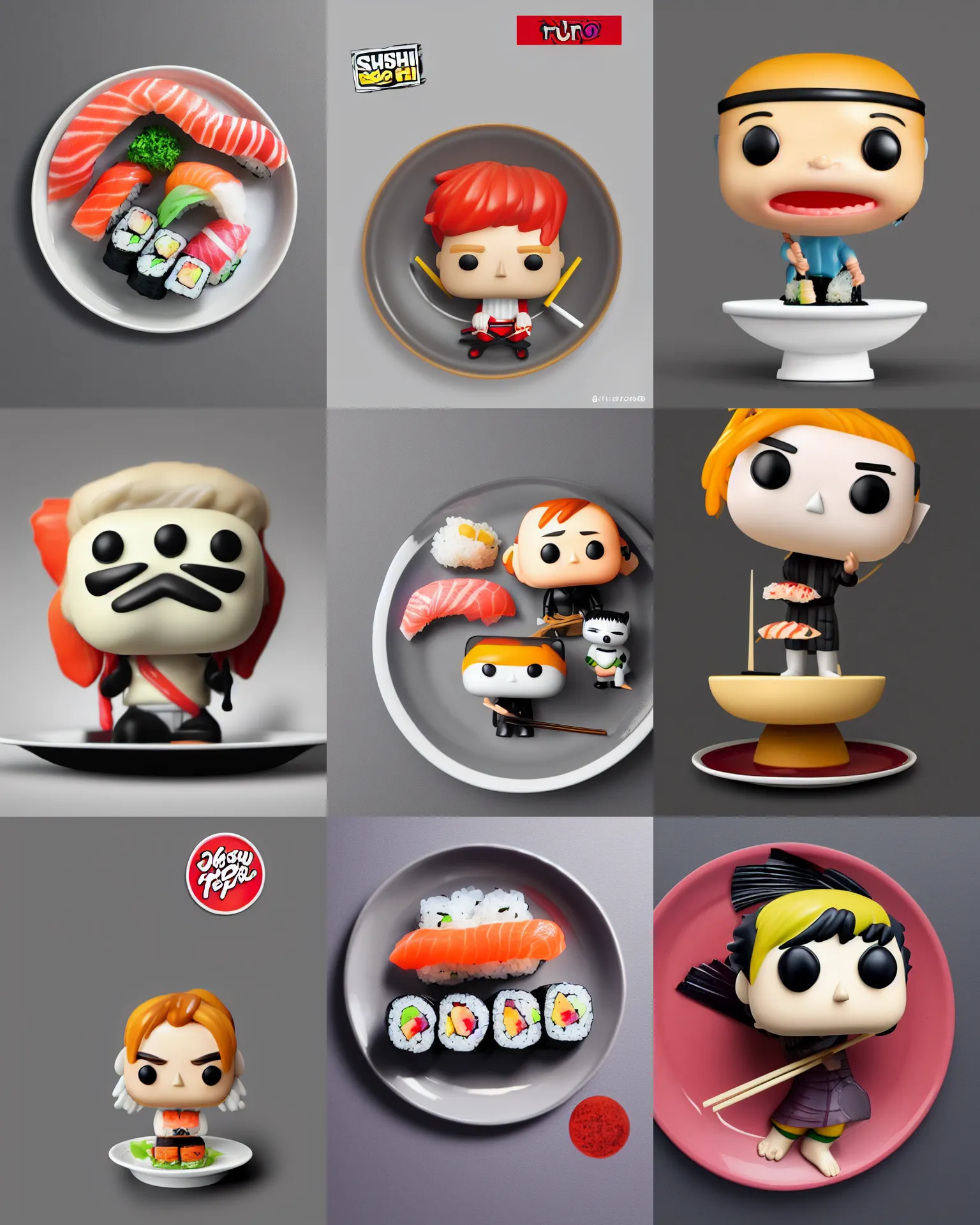 Prompt: sushi on a plate as a funko pop!, studio lighting, grey background, no shadow, blender, trending on artstation, 8 k, highly detailed