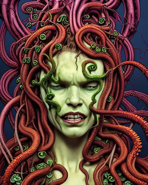 Image similar to closeup portrait the platonic ideal of flowers and roots of cletus kasady, venom, poison ivy, ultimate beautiful succubus medusa, cthulhu, intricate, hyperrealism, intense, dmt, artgerm, moebius, greg rutkowski, dan mumford, alphonse mucha