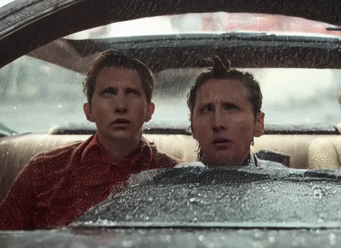 Image similar to A very high resolution image from a new movie, inside of a car, raining, hot, directed by wes anderson