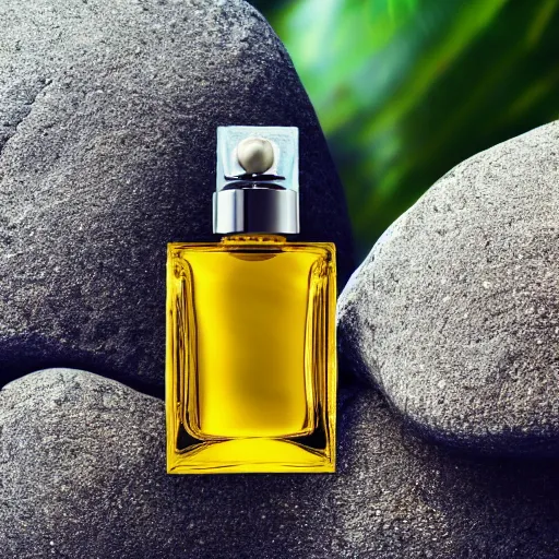 Image similar to perfume bottle on a rock floating in the blue reflective sea surrounded by big tropical leaves, fauna and flora, bright blue skies, zen, light, modern minimalist daytime f 2 0 clean and fresh