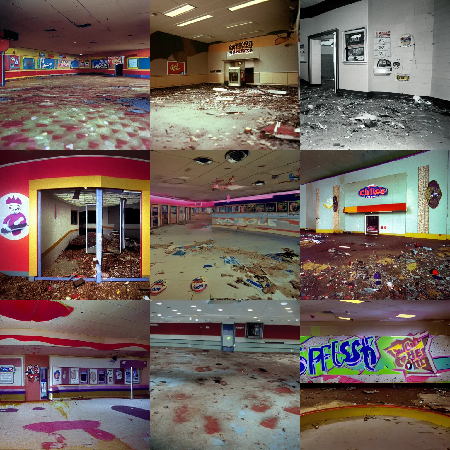 Prompt: high detail photograph of an abandoned chuck e. cheese in 1 9 9 7, deserted