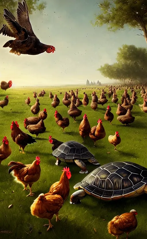 Image similar to war between chickens and turtles, wide angle shot by greg rutkowski