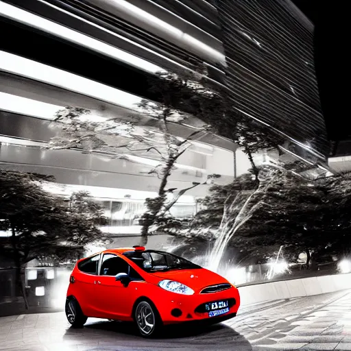 Image similar to red ford fiesta mk 5 zetec in tokyo spain, award winning photograph, night time