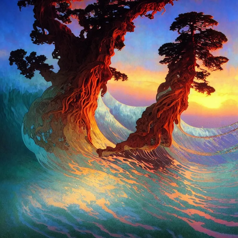 Image similar to ocean wave around ancient sequoia tree, lsd water, dmt ripples, backlit, sunset, refracted lighting, art by collier, albert aublet, krenz cushart, artem demura, alphonse mucha