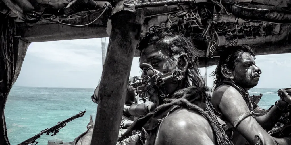 Image similar to sri lankan mad max style, ocean, perspectiv from a big ship, film still, epic shot cinematography, rule of thirds