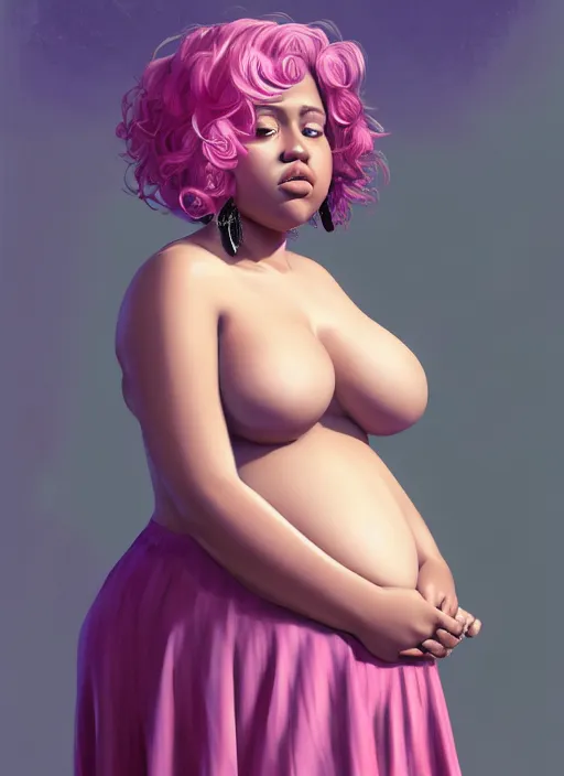 Image similar to full body portrait, teenage vanessa morgan, pink hair, obese, curly pixie hair, sultry, realistic, short hair, hoop earrings, skirt, shirt, fat, belly, black girl, intricate, elegant, highly detailed, digital painting, artstation, concept art, smooth, sharp focus, illustration, art by wlop, mars ravelo and greg rutkowski