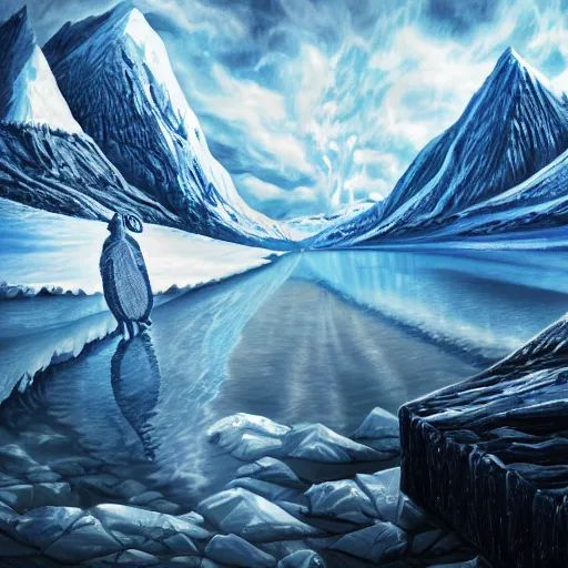 Image similar to epic masterpiece of confrontation between man and diamond mountain spirit Antarctica, gift of birth, origin mythos, astounding beauty, cinematic, establishing shot, extremely high detail, photorealistic, cinematic lighting, intricate line drawings, 8k resolution