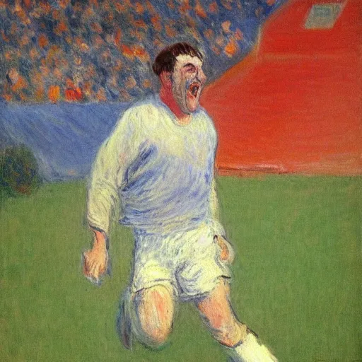 Image similar to monet painting of a man watching a soccer game, he is laughing deliriously, highly detailed, realistic,