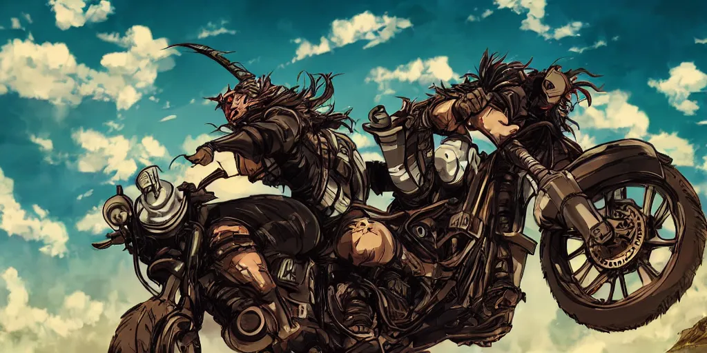 Prompt: high quality anime movie still, motorcycle, stylized action shot of an orc popping a wheelie on a motorcycle, menacing orc, clear focused details, soft airbrushed artwork, black background, apocalyptic, studio ghibli, miyazaki, anime style