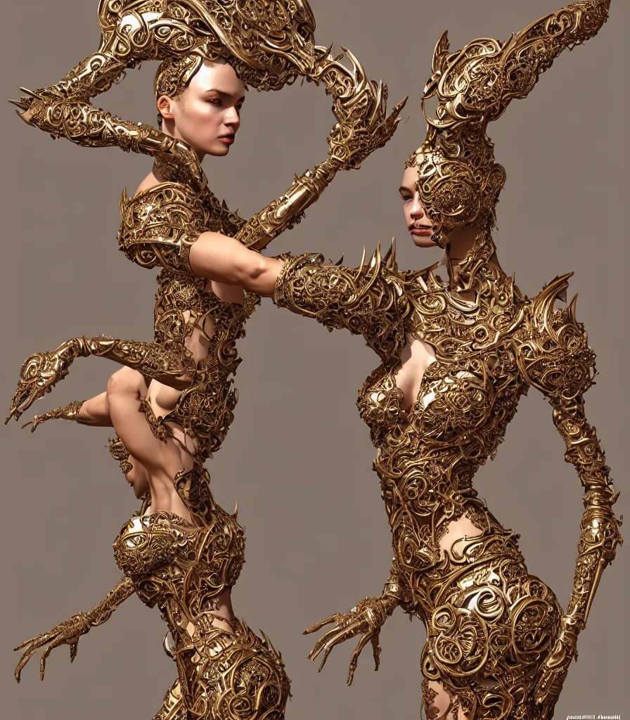 Image similar to a photo of a female in wearable sculpture art, ornate, metal works, intricate details, elegant, highly detailed, digital photography, artstation, glamor pose, concept art, smooth, sharp focus, art by artgerm and greg rutkowski, 3 d character, whole body, full body, film, photorealistic, unreal engine