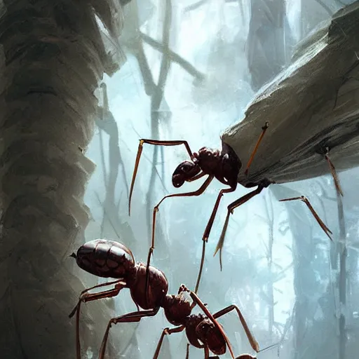 Image similar to ants carrying leaves, art by guweiz and greg rutkowski, matte, intricate, elegant, highly detailed, smooth, sharp focus, artstation,