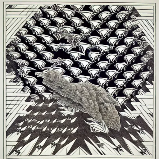 Image similar to white wolves transitioning into black geese by mc escher, aerial view, scared black geese flying, angry white wolves with teeth, hexagonal pattern, intricate details, ink shading, ink dots, mathematical interlocking, screen print, frameless