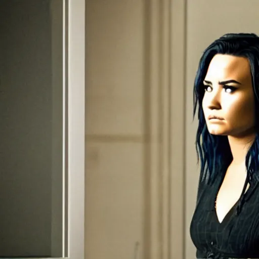 Image similar to close-up of Demi Lovato as a detective in a movie directed by Christopher Nolan, movie still frame, promotional image, imax 70 mm footage