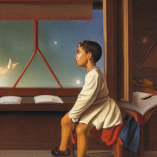 Prompt: a young pioneer seated in the pupil looking through the window while the teacher is giving class towards the starships heading to the cosmos