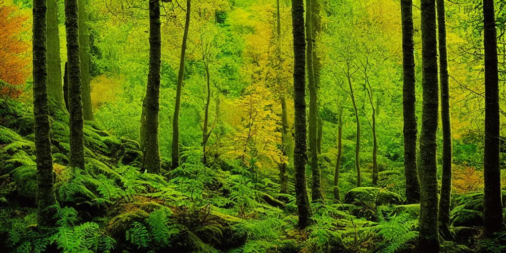 Prompt: dreamy shot lush north european mountainous broadleaf deciduous forest, bright details, vibrant foliage, contrasting, daylight, highly detailed, by dieter rams 1 9 9 0, national geographic magazine, reportage photo, natural colors