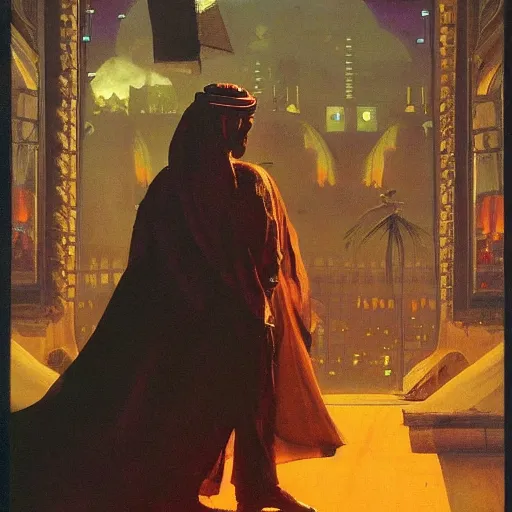 Image similar to king of saudi arabia playing video games. foggy black background. highly detailed science fiction painting by norman rockwell, frank frazetta, syd mead and moebius. rich colors, high contrast, gloomy atmosphere, dark background. trending on artstation