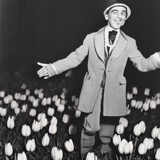 Image similar to photo of herbert butros khaury as singer tiny tim, tiptoeing through the tulips, walking on tiptoes