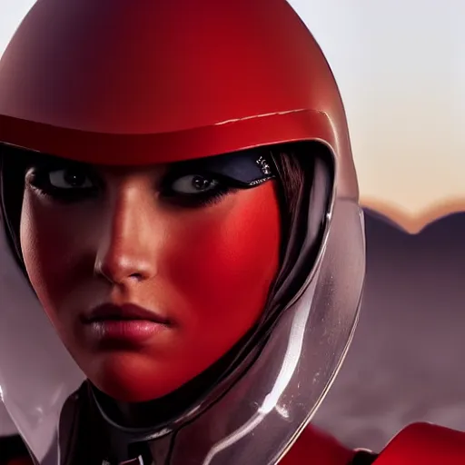 Image similar to headshot of an beautiful female soldier in glossy sleek white armor with tiny red details and a long red cape, downward angle, determined expression, on the surface of mars, night time, dramatic lighting, cinematic, sci-fi, hyperrealistic